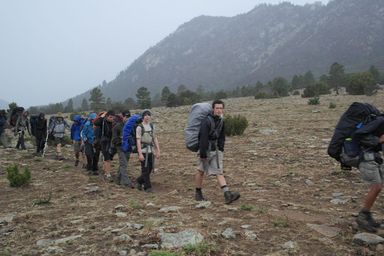 hiking to basecamp in rain